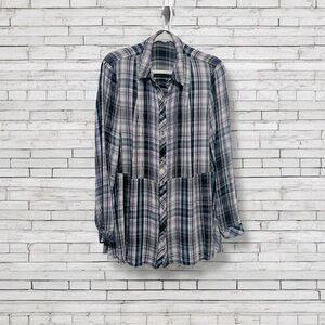 J.Jill Pintuck Pleat Purple Black White Plaid Long Sleeve Tunic Shirt Size XL
